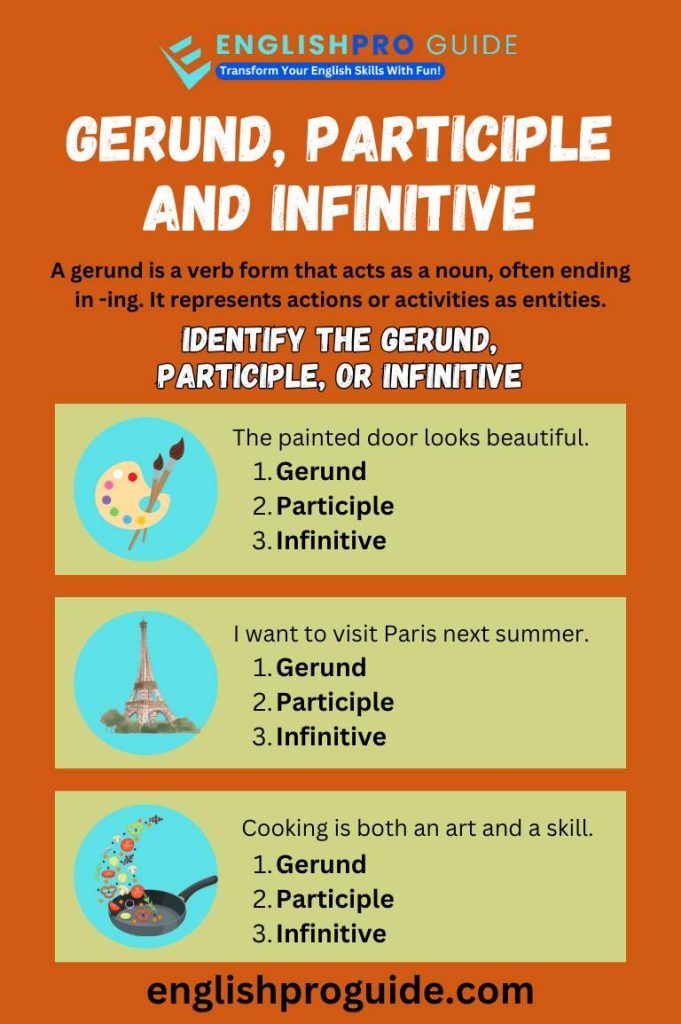 Examples of Gerunds participle and infinitives